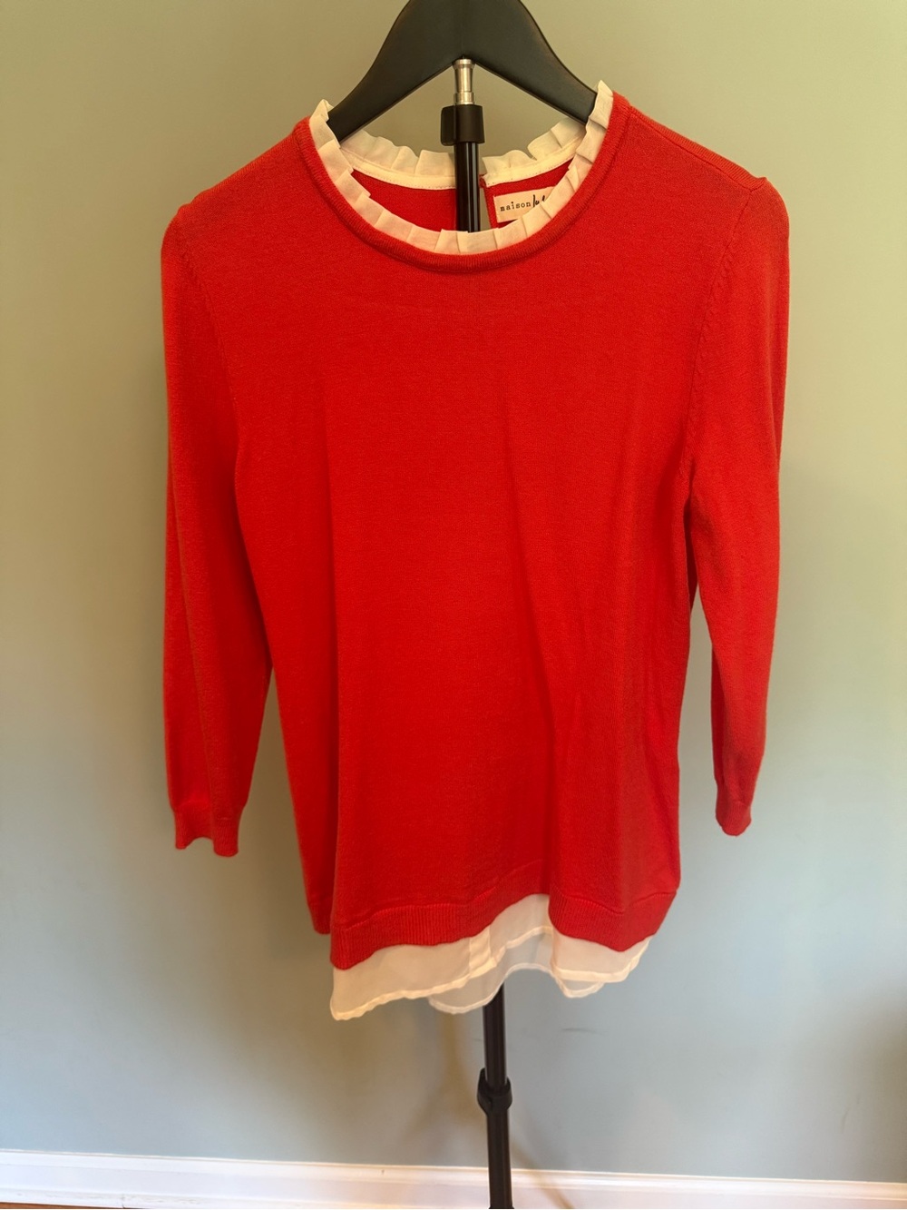 Maison Jules Red Crewneck Sweater with White Ruffle Trim